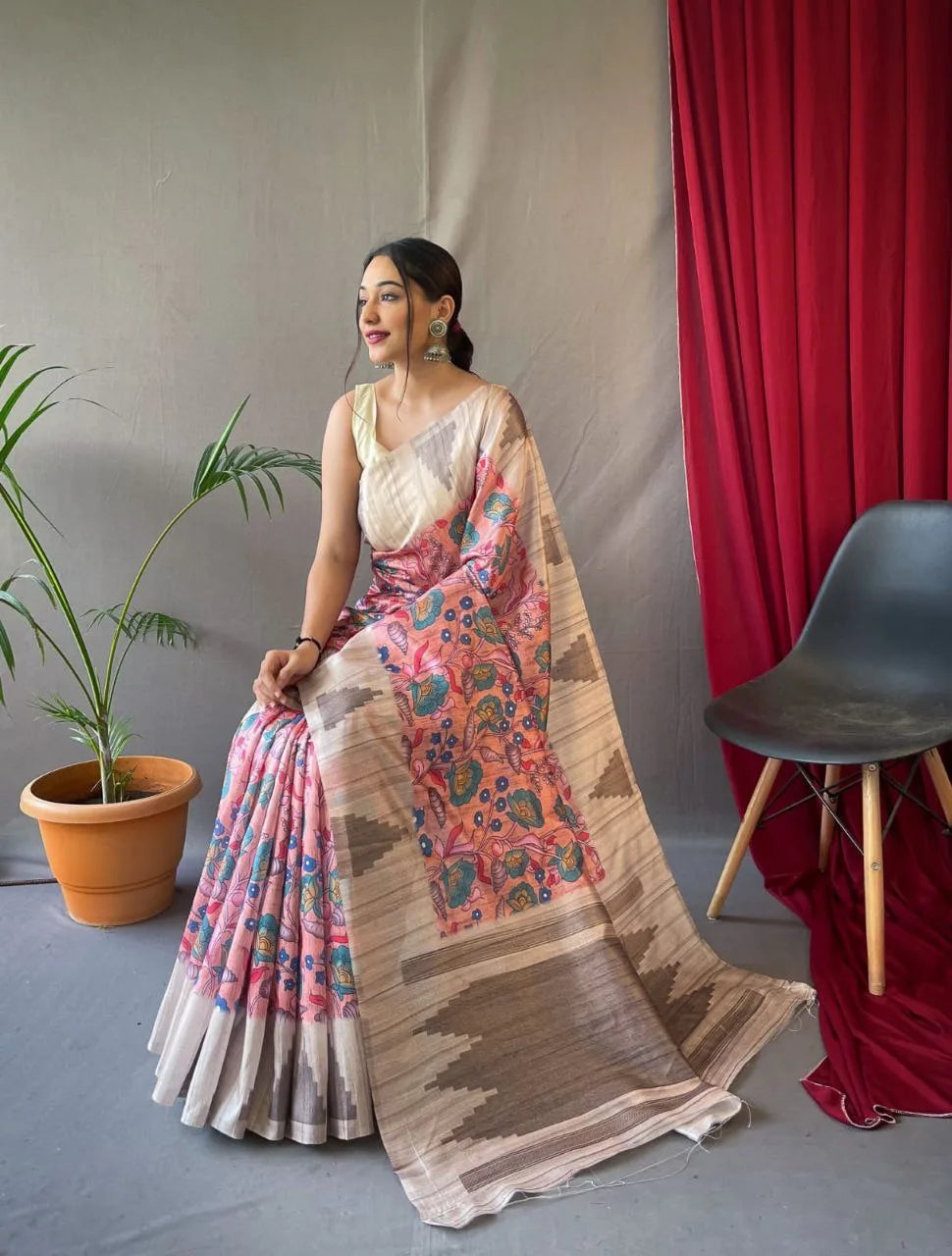 Urvi Tusser Saree With Kalamkari Prints - Mira Fashion