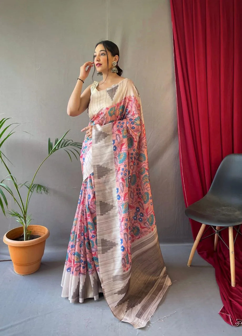 Urvi Tusser Saree With Kalamkari Prints - Mira Fashion