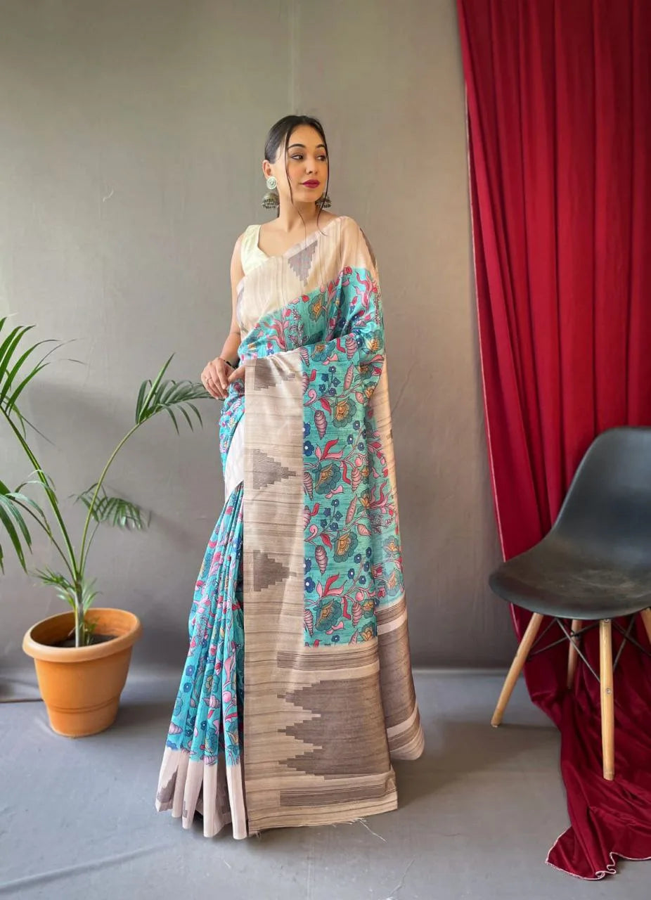 Urvi Tusser Saree With Kalamkari Prints - Mira Fashion