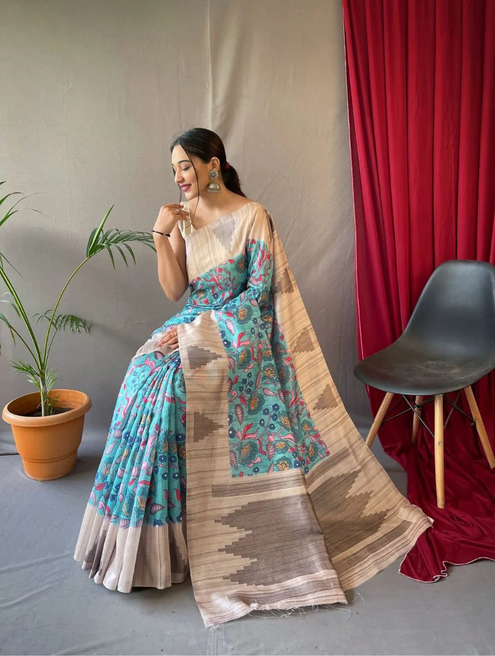 Urvi Tusser Saree With Kalamkari Prints - Mira Fashion