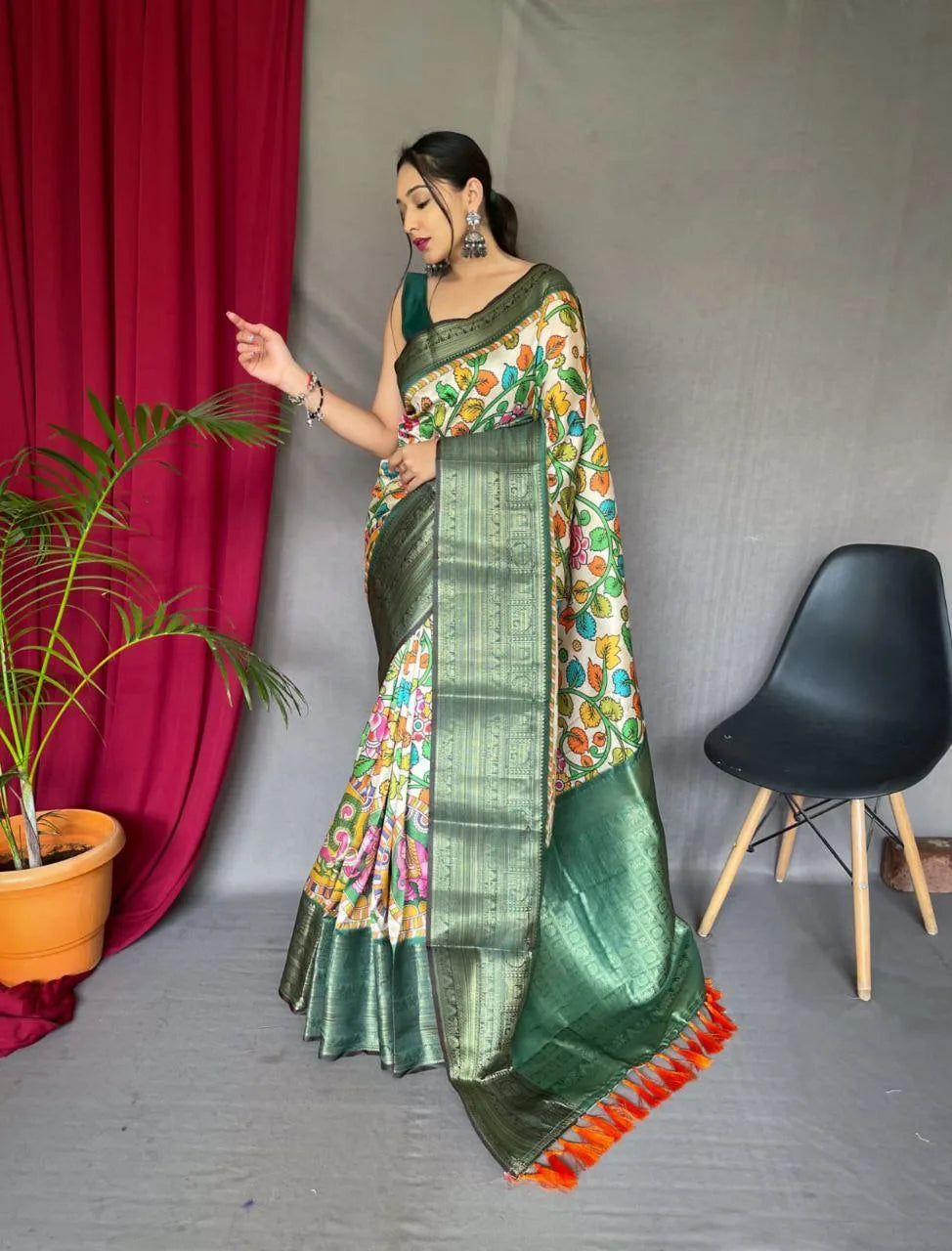 Pure Kanjivaram Digital Printed 3D Kalamkari Saree - Mira Fashion