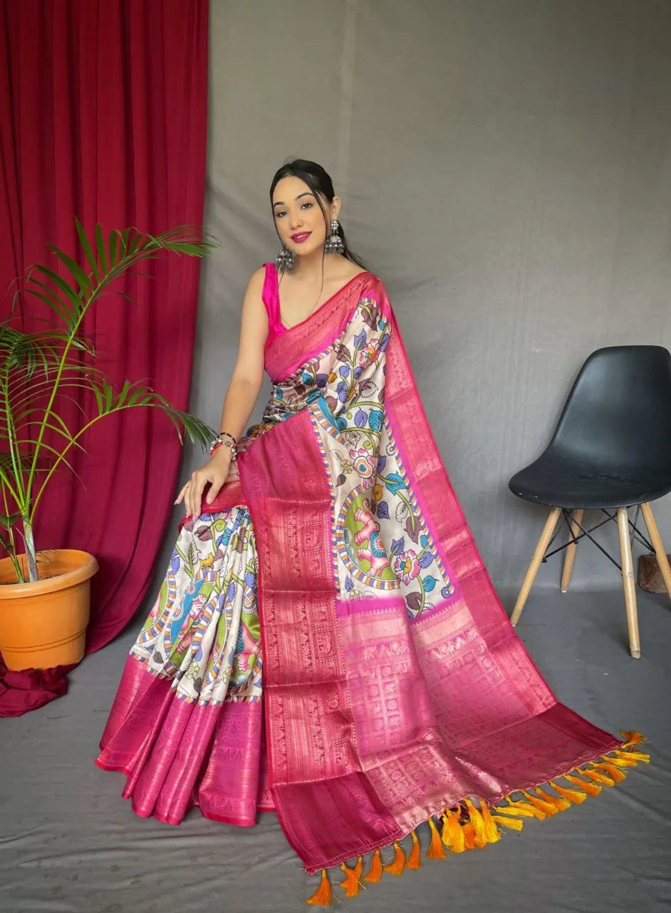 Pure Kanjivaram Digital Printed 3D Kalamkari Saree - Mira Fashion