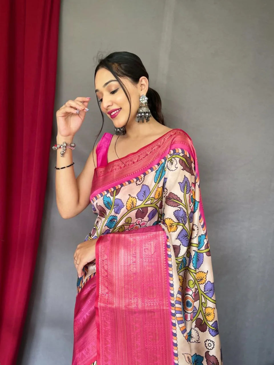 Pure Kanjivaram Digital Printed 3D Kalamkari Saree - Mira Fashion