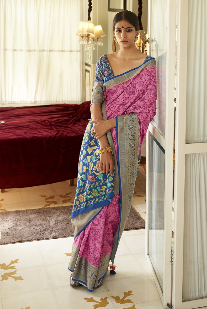 Rani Pink Printed Kalamakri Silk Saree