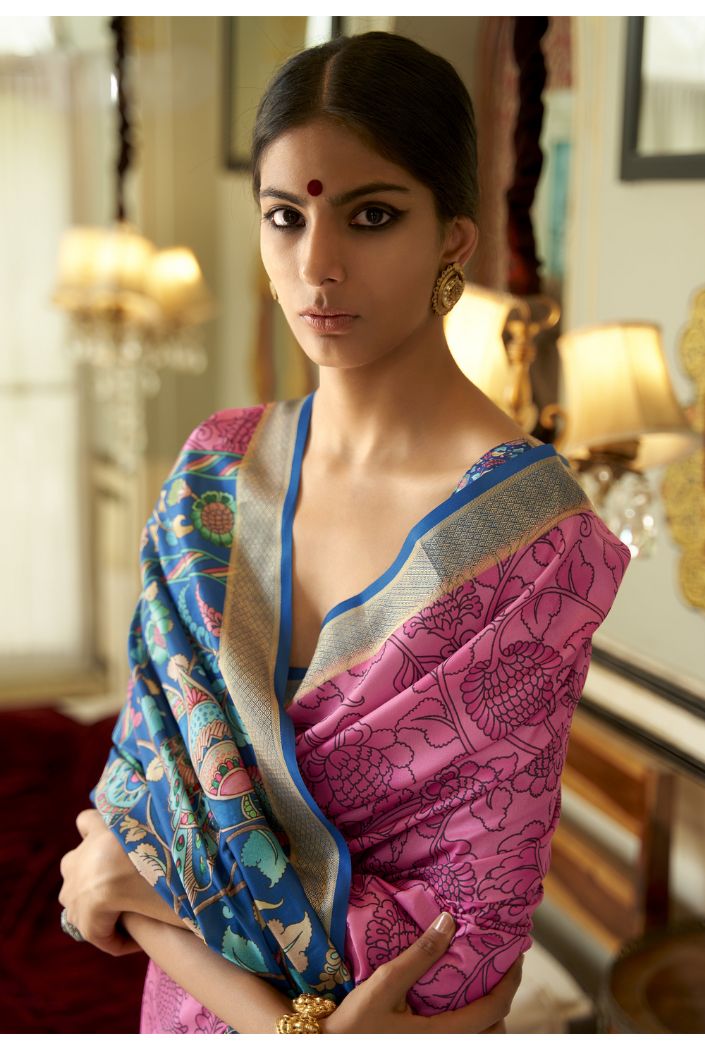 Rani Pink Printed Kalamakri Silk Saree