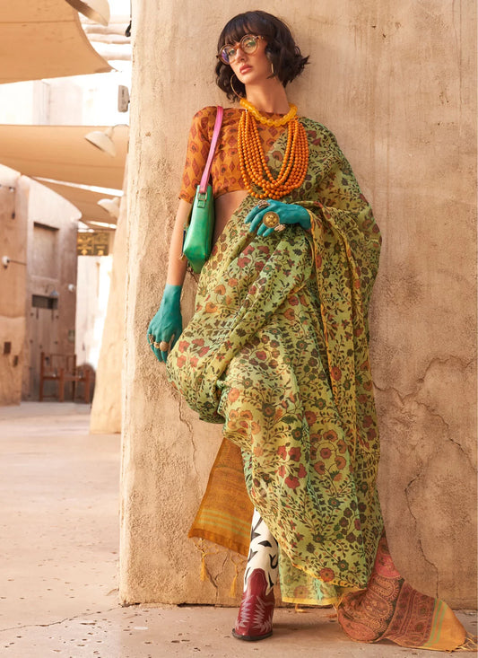 Green Handwoven Zari Tissue Printed Saree With Contrast Pallu