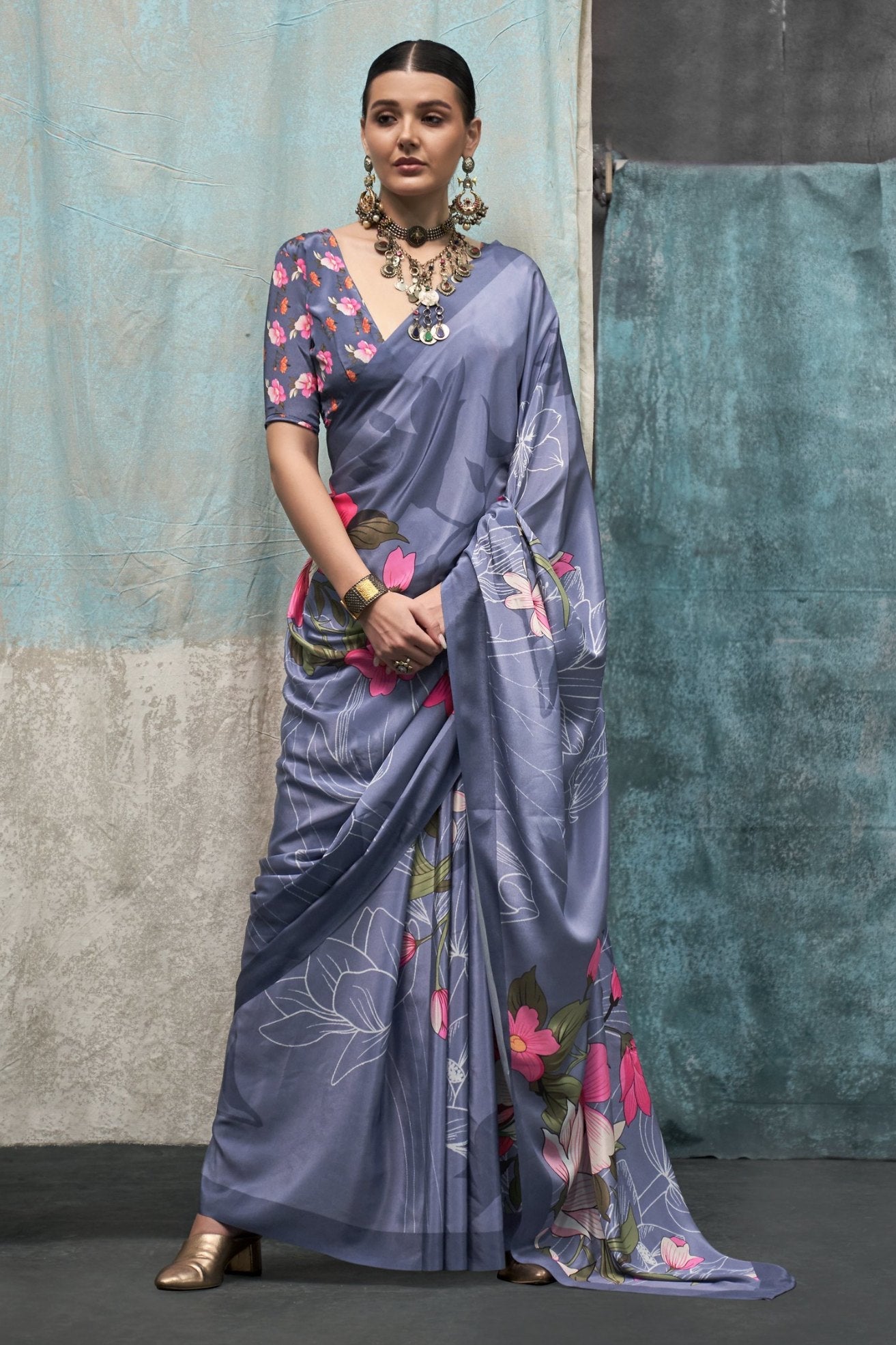 Periwinkle Grey Printed Satin Crepe Sarees