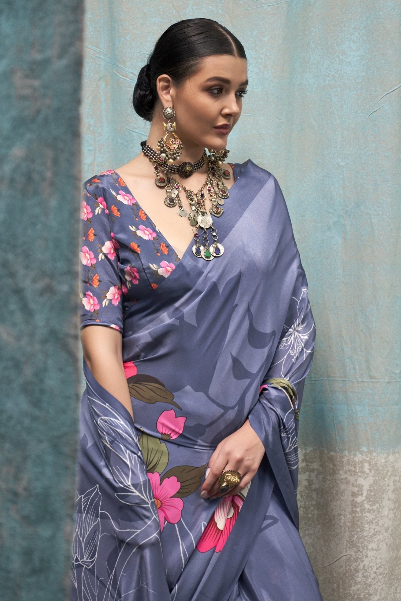 Periwinkle Grey Printed Satin Crepe Sarees