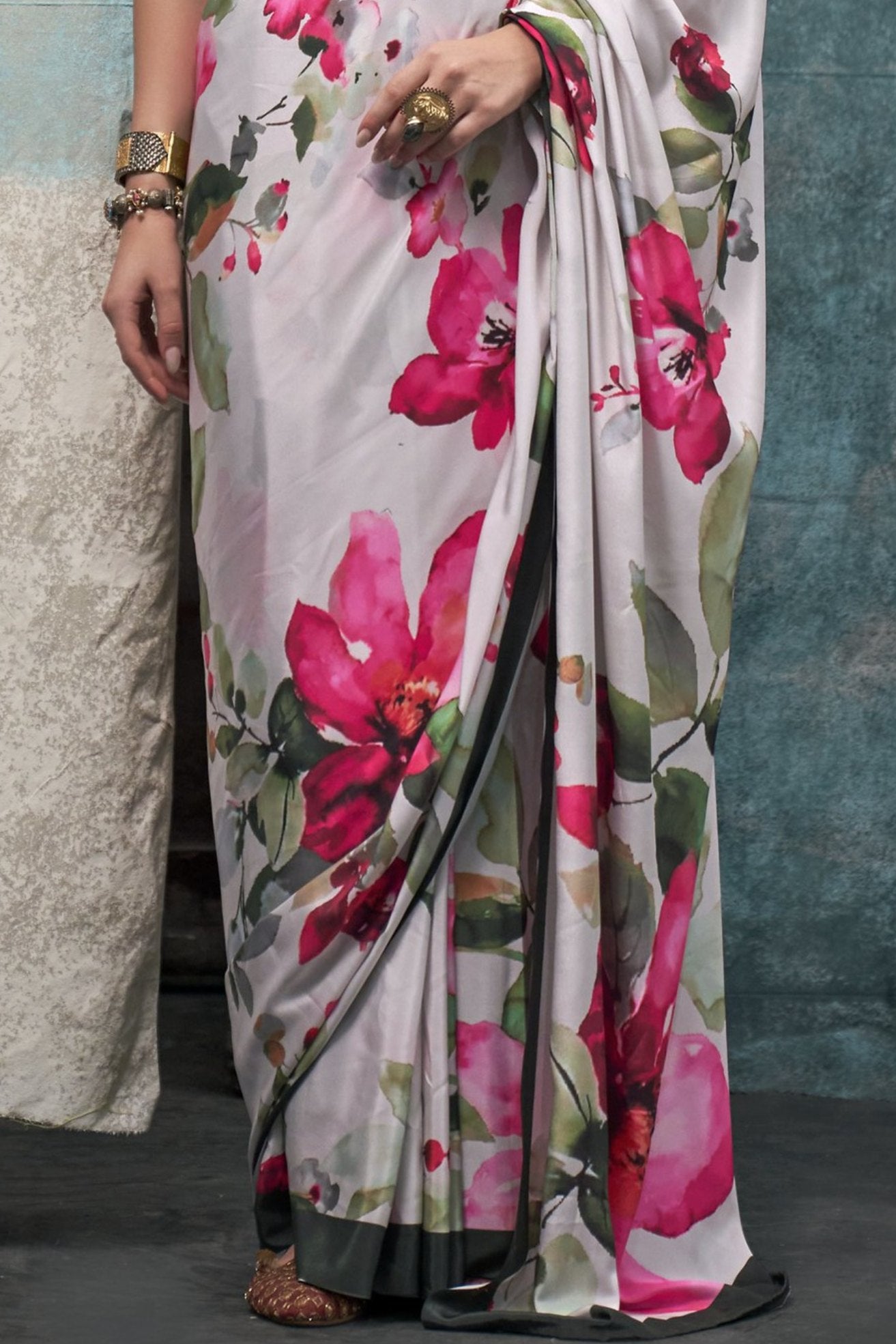 Swiss Coffee White Printed Satin Crepe Sarees