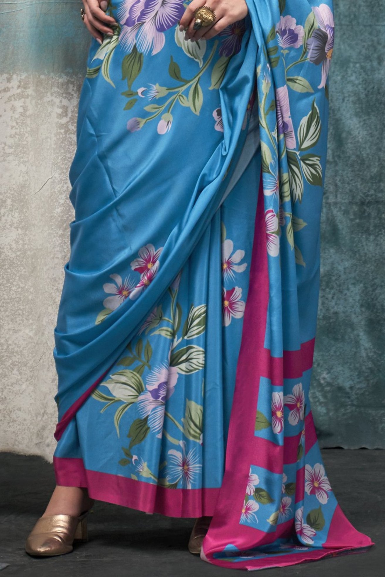 Boston Blue Printed Satin Crepe Sarees