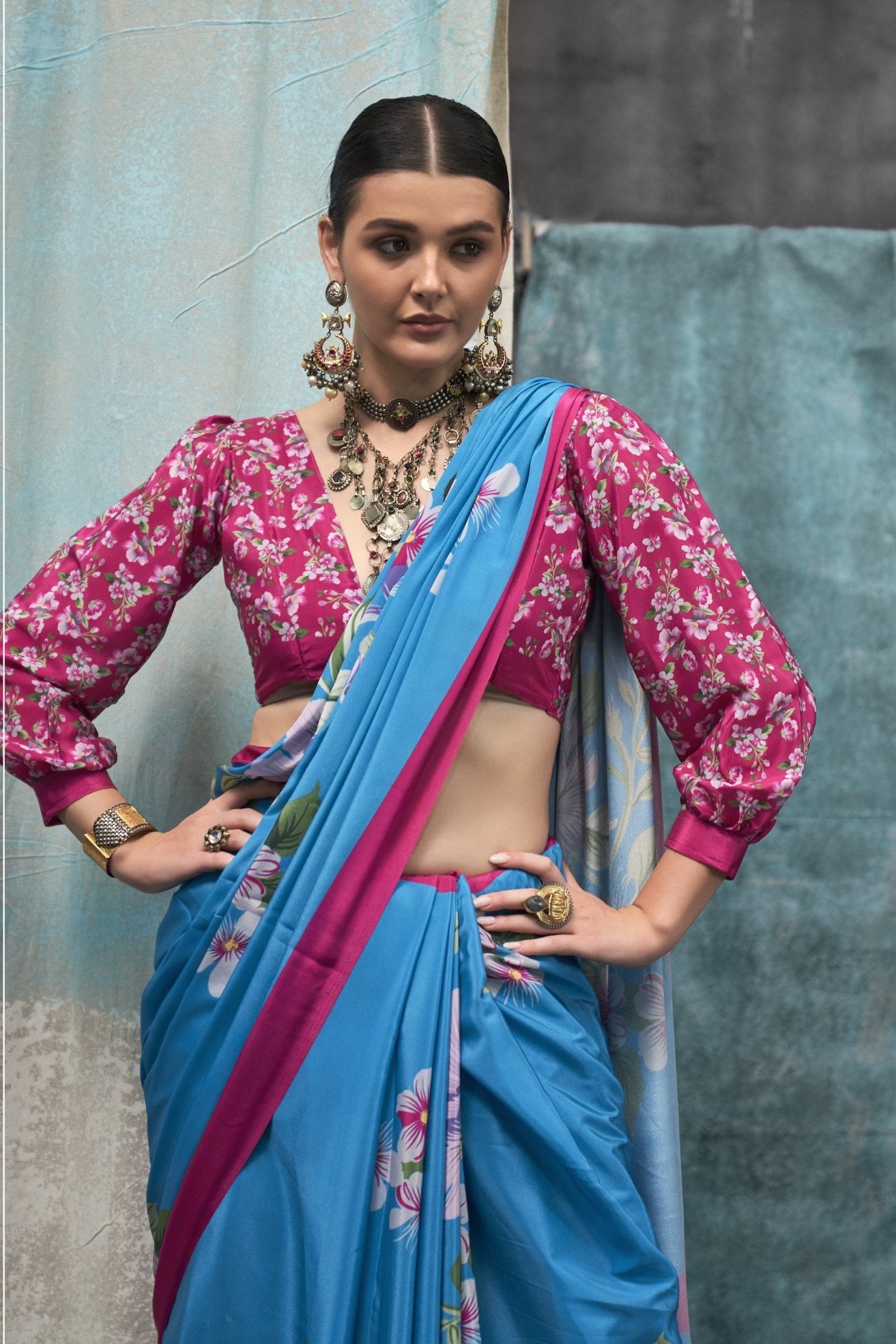 Boston Blue Printed Satin Crepe Sarees