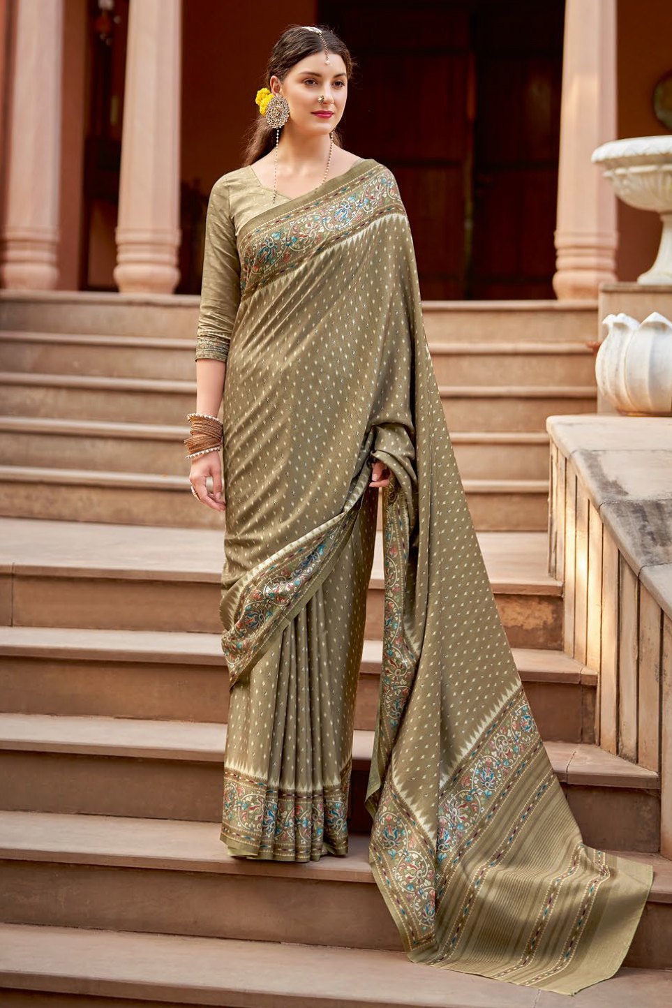 Beaver Green Designer Printed Silk Saree