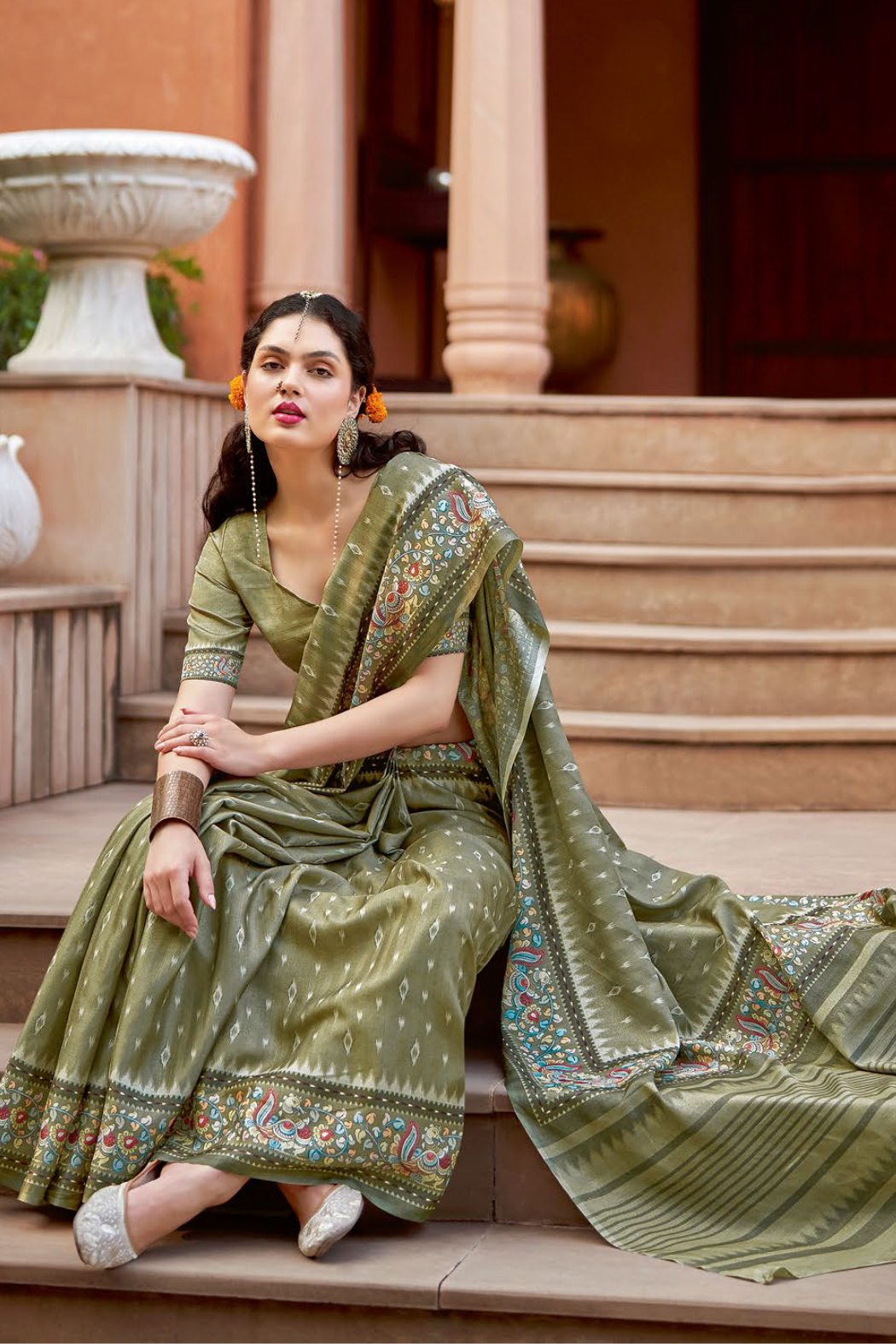 Mint Green Designer Printed Silk Saree