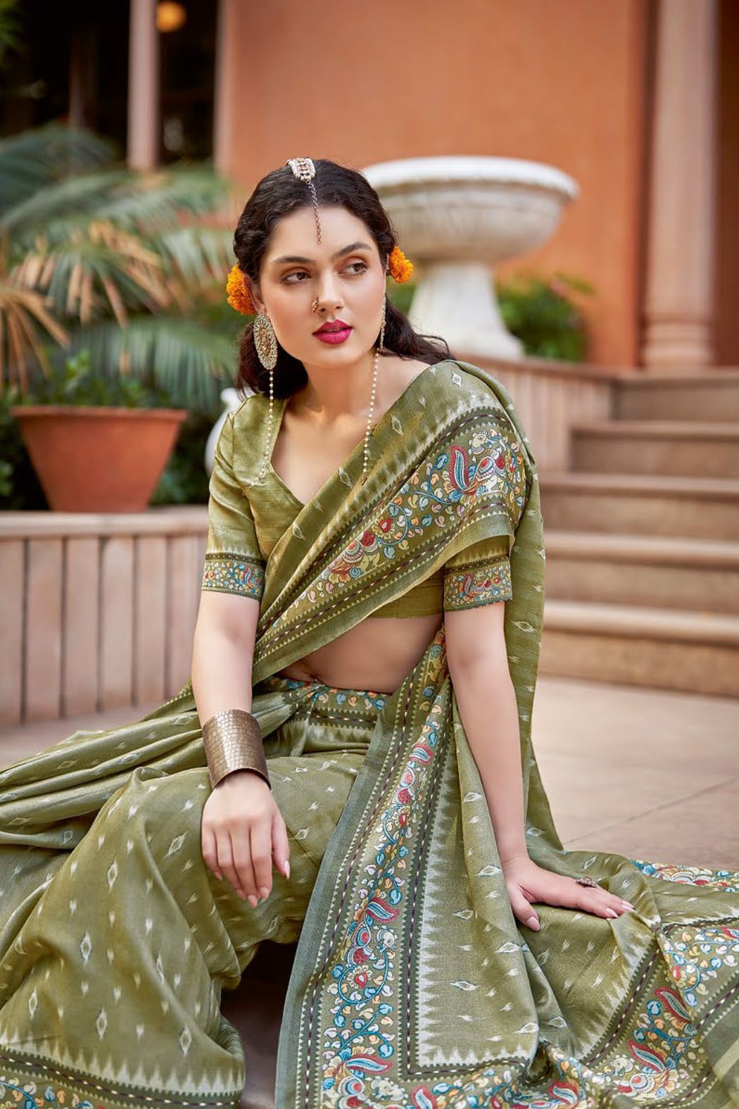 Mint Green Designer Printed Silk Saree