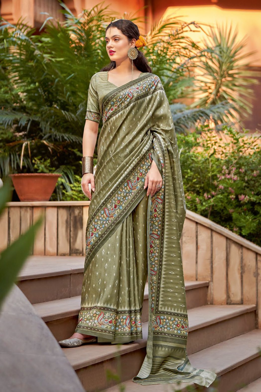 Mint Green Designer Printed Silk Saree