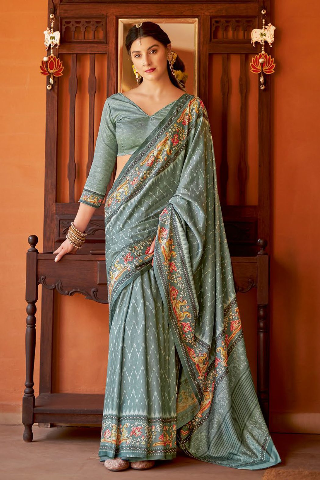 Lime Green Designer Printed Silk Saree