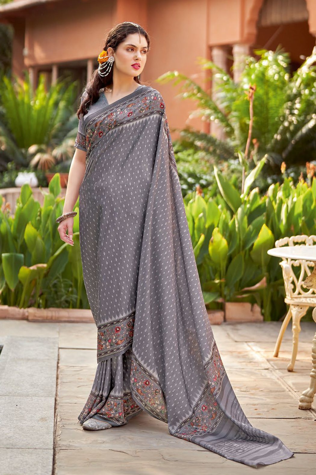 Smokey Grey Designer Printed Silk Saree