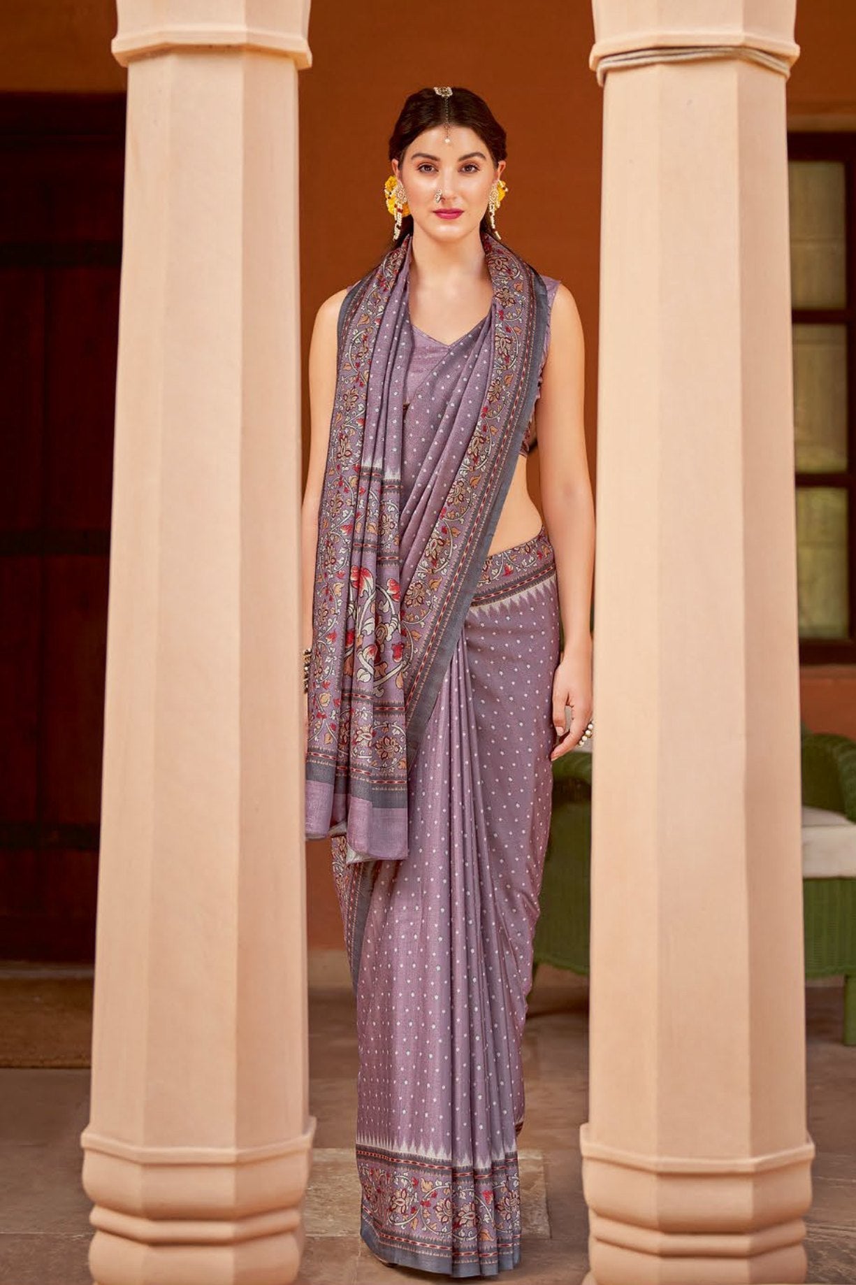 Luster Purple Designer Printed Silk Saree