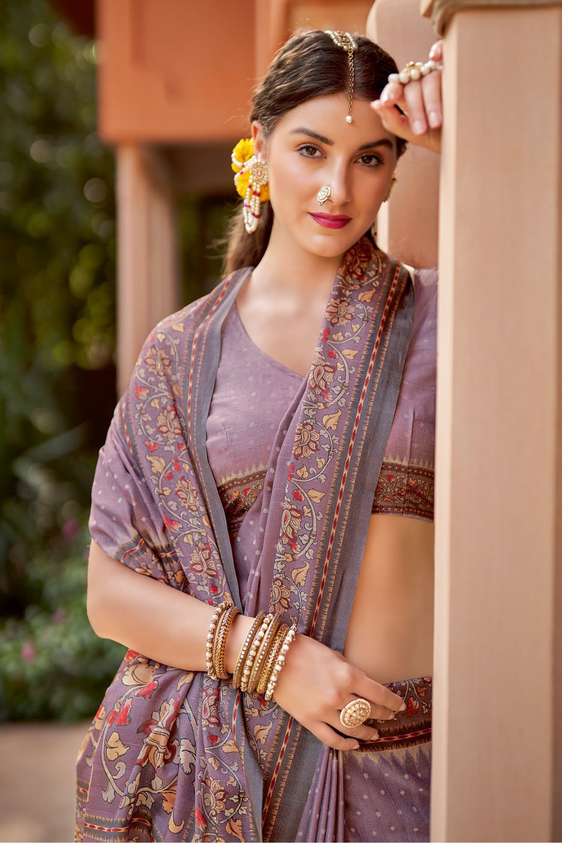 Luster Purple Designer Printed Silk Saree