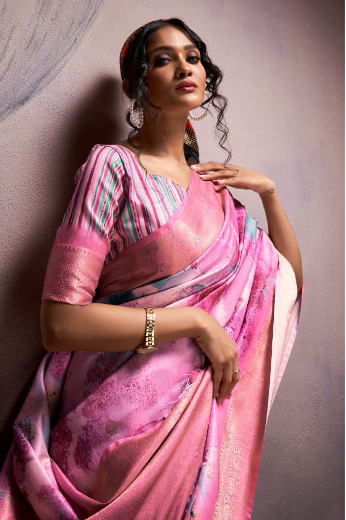 Lotus Pink Banarasi Digital Printed Silk Saree