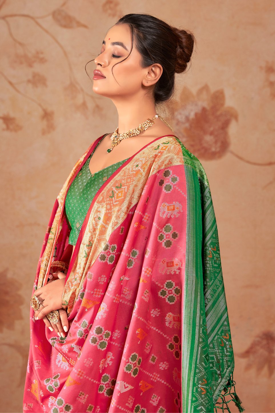 Salmon Pearl Pink Woven Patola Silk Saree