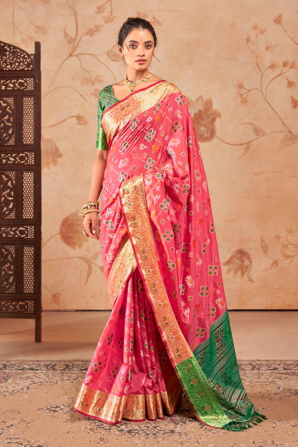 Salmon Pearl Pink Woven Patola Silk Saree