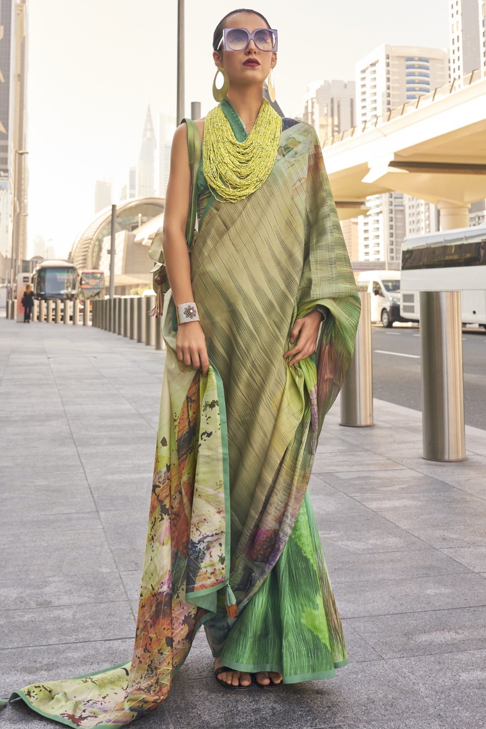 Hippie Green Digital Printed Satin Silk Saree