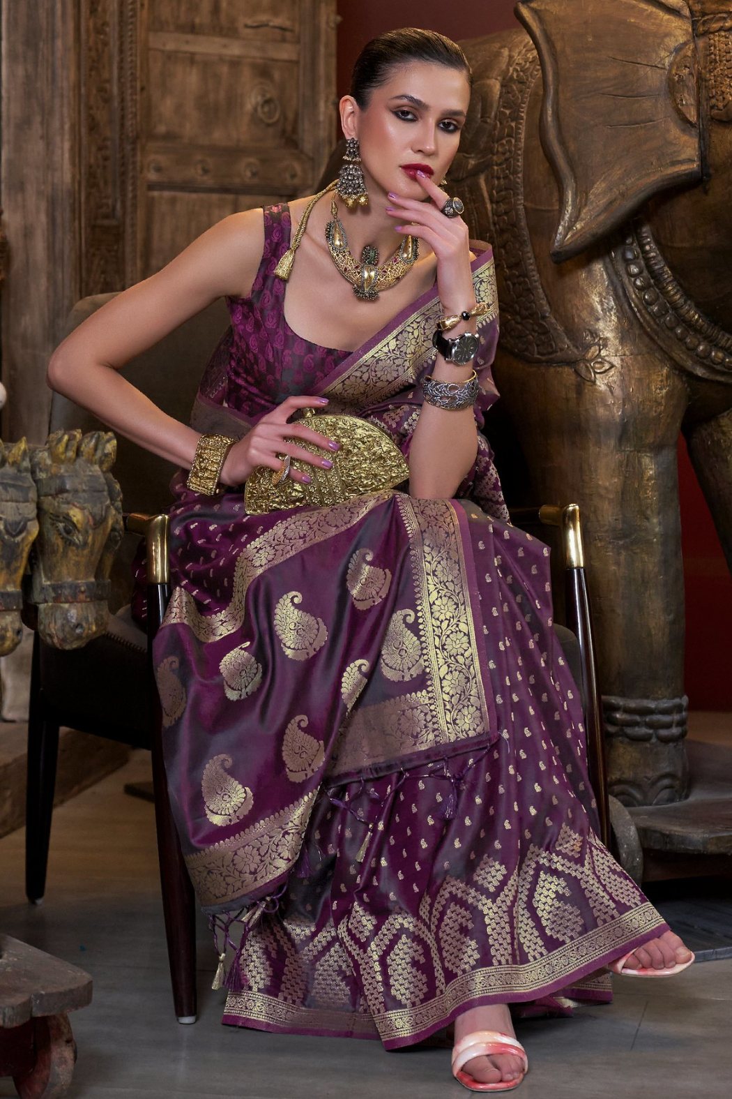 Wine Berry Purple Banarasi Handloom Satin Silk saree