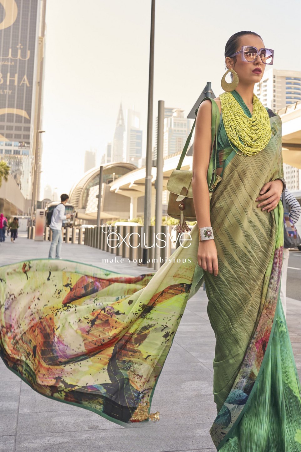 Hippie Green Digital Printed Satin Silk Saree