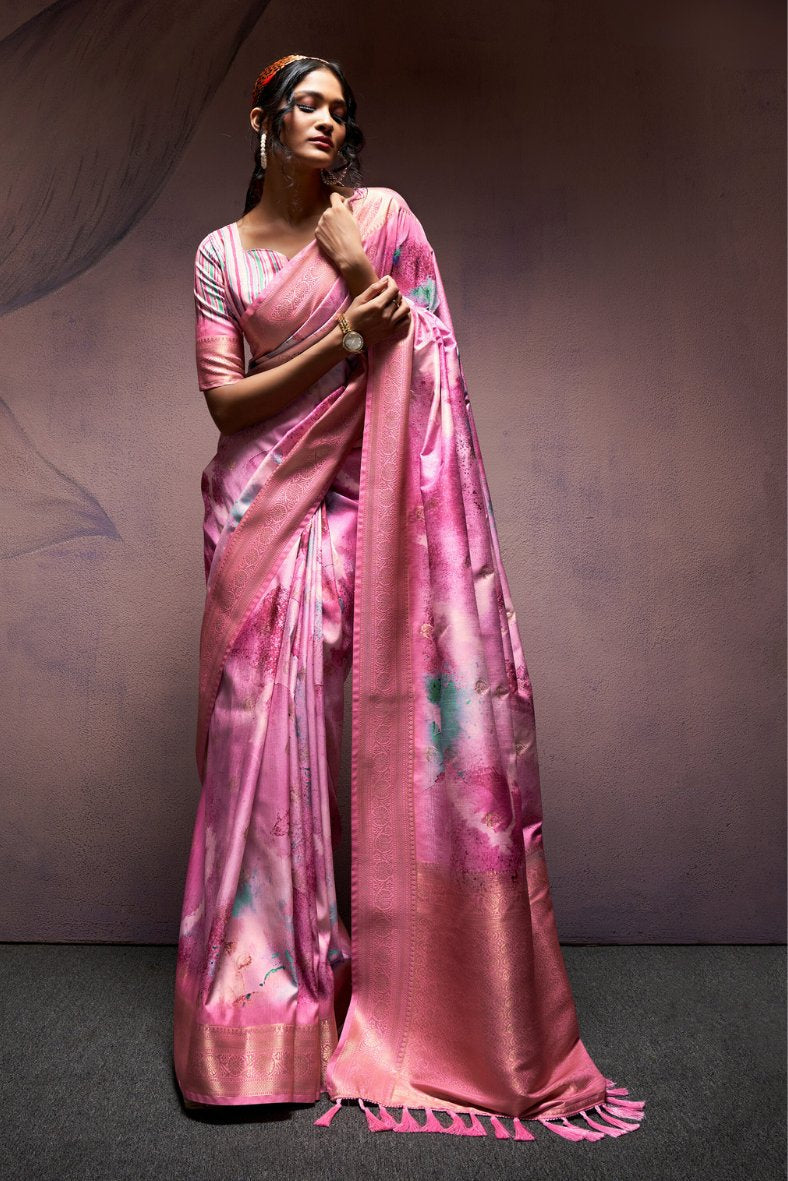 Lotus Pink Banarasi Digital Printed Silk Saree