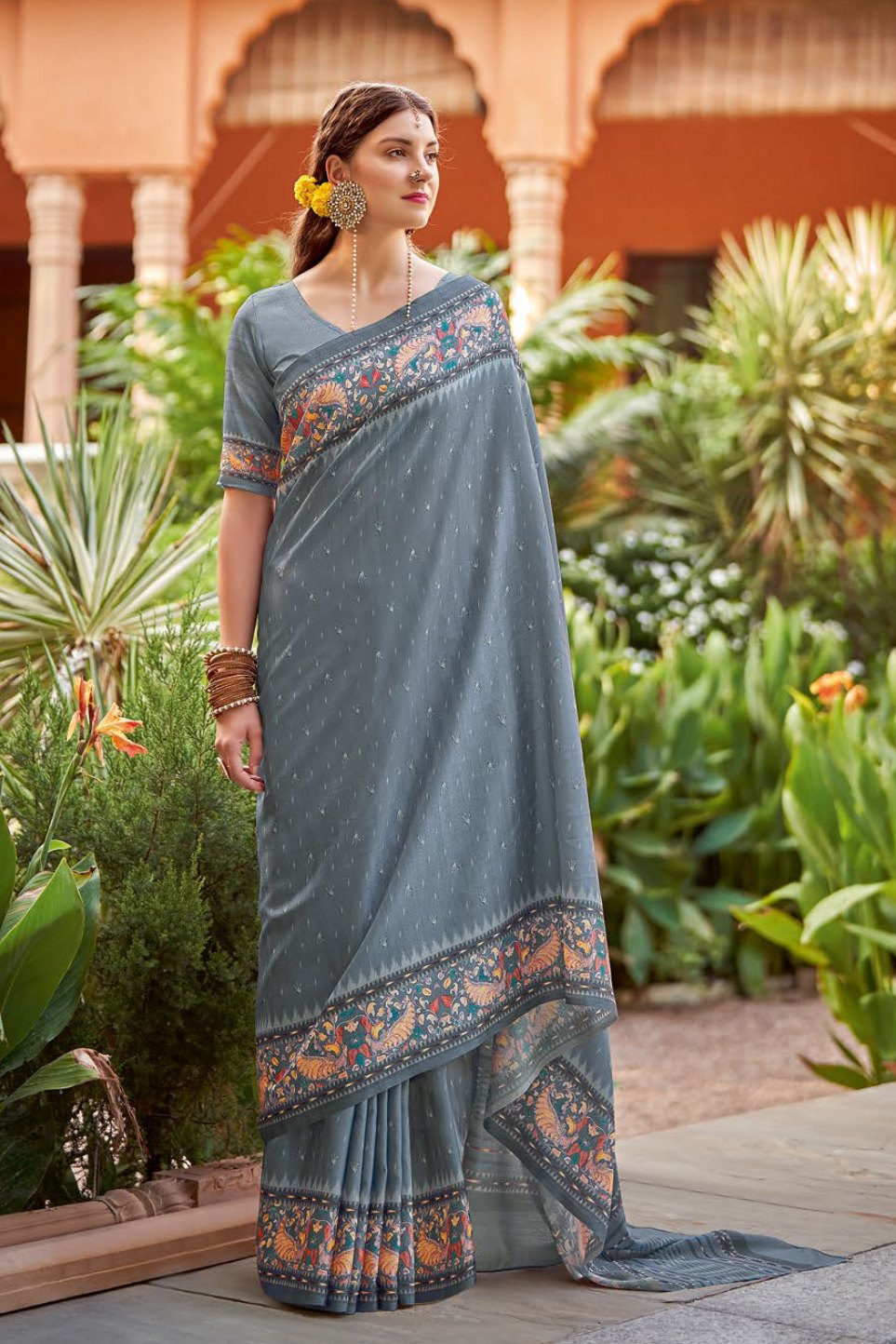 Pale Sky Grey Designer Printed Silk Saree