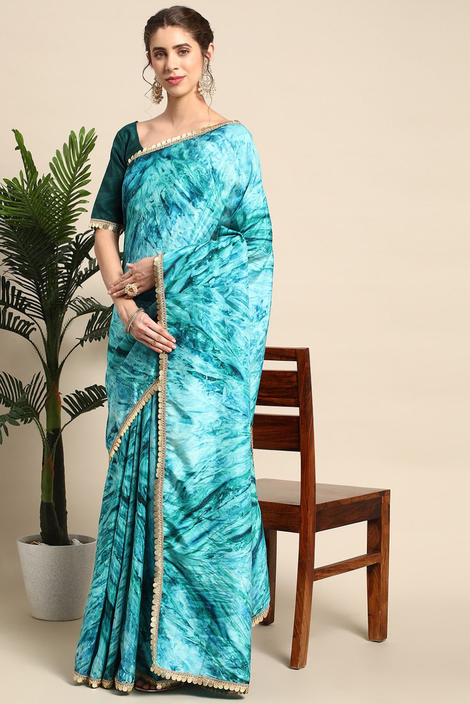 Sea Serpent Blue Satin Partywear Saree