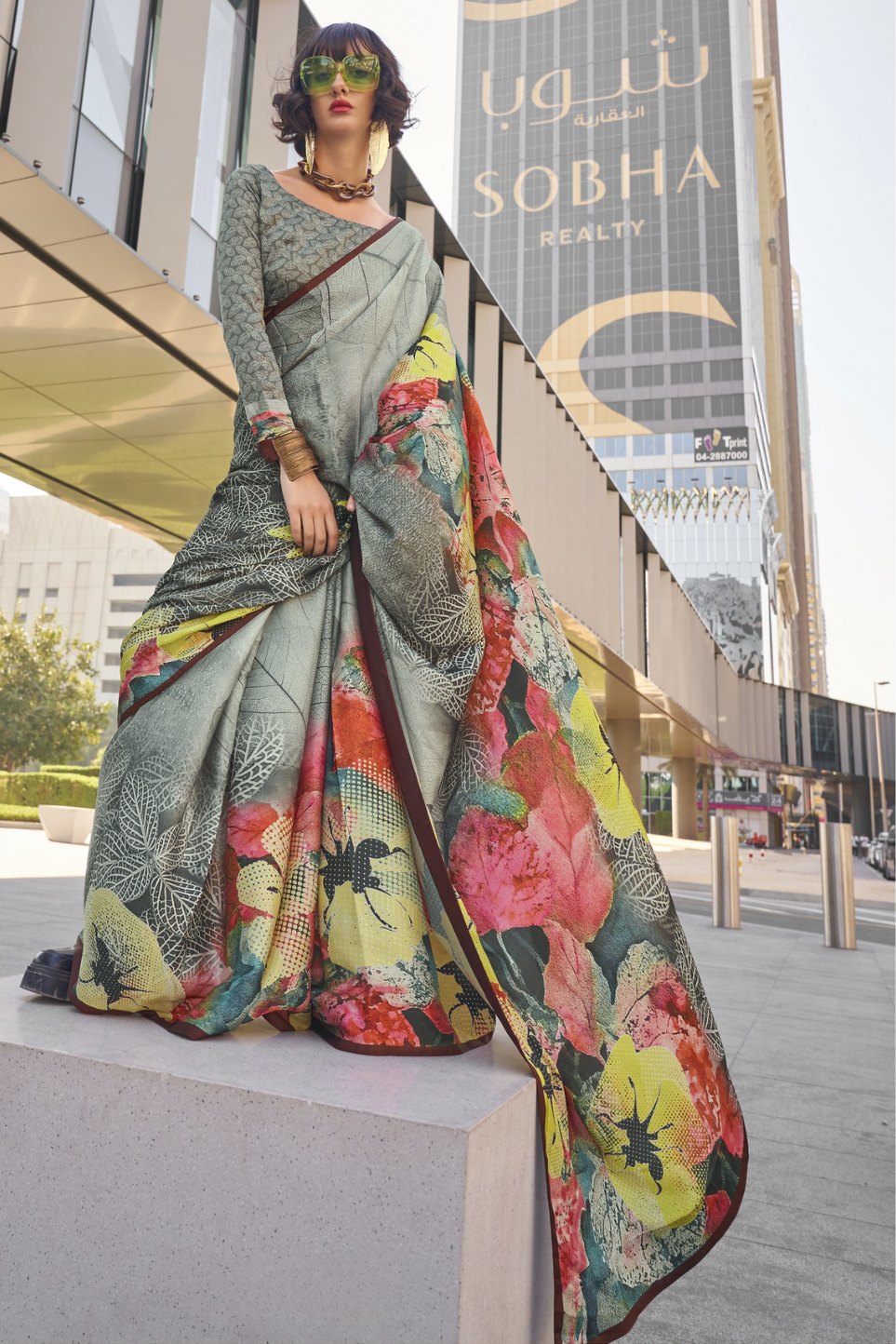 Bitter Grey Digital Printed Satin Silk Saree