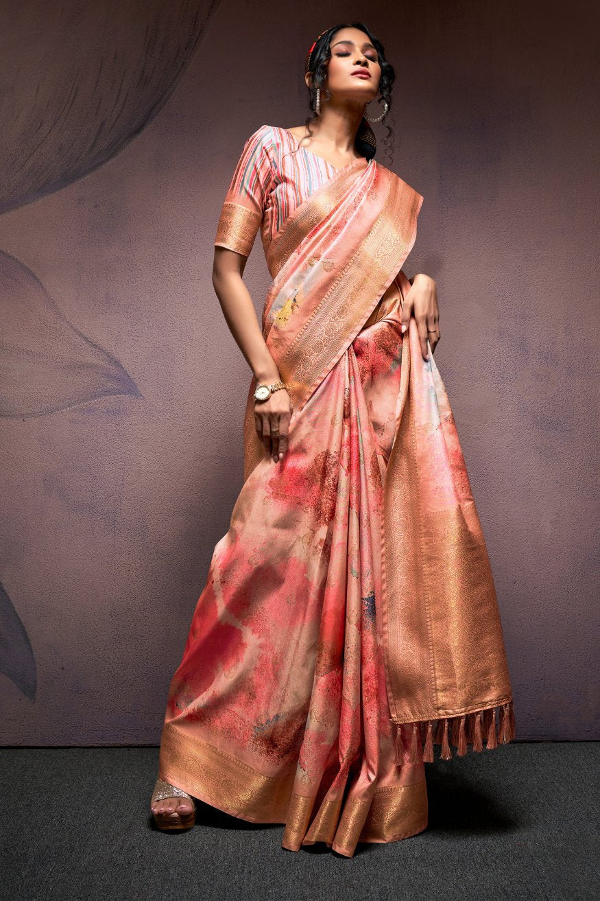 Chestnut Rose Peach Banarasi Digital Printed Silk Saree