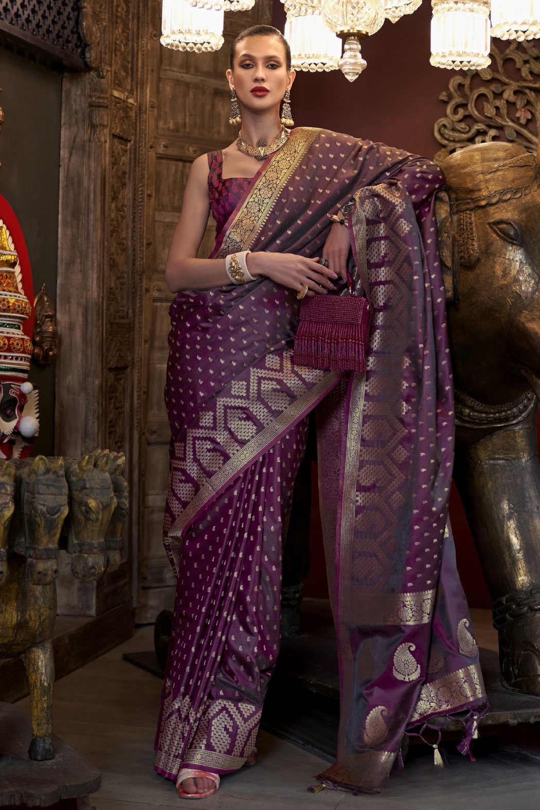 Wine Berry Purple Banarasi Handloom Satin Silk saree