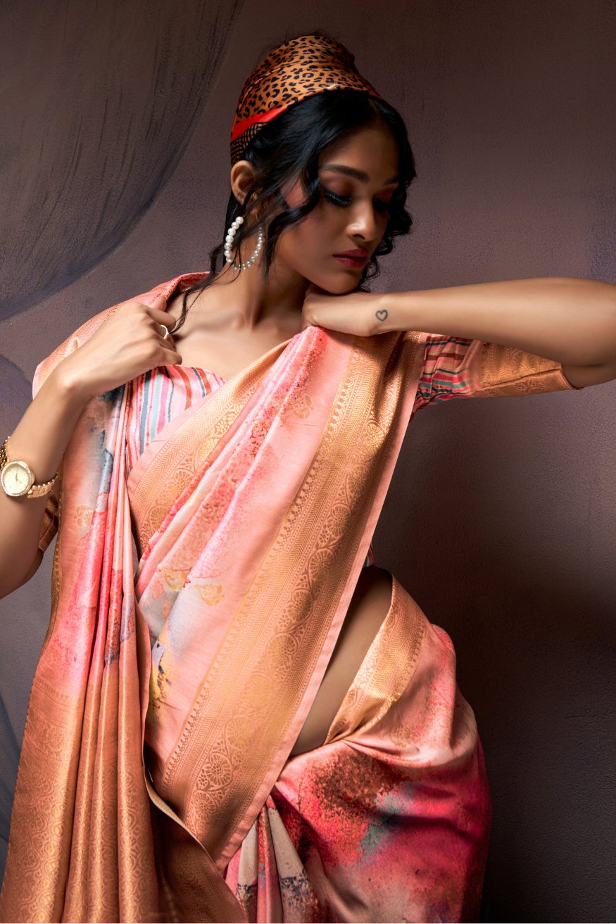 Chestnut Rose Peach Banarasi Digital Printed Silk Saree