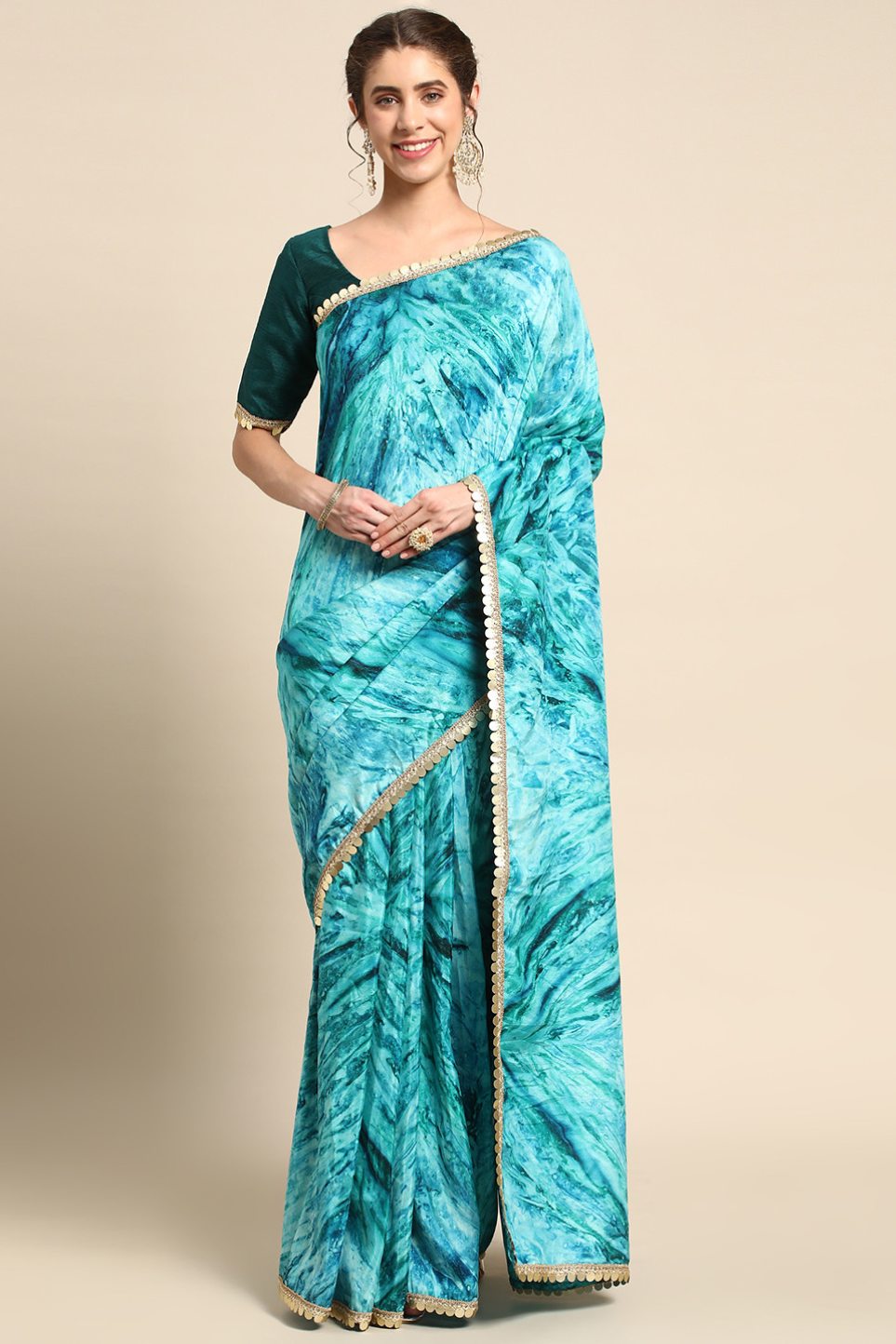 Sea Serpent Blue Satin Partywear Saree