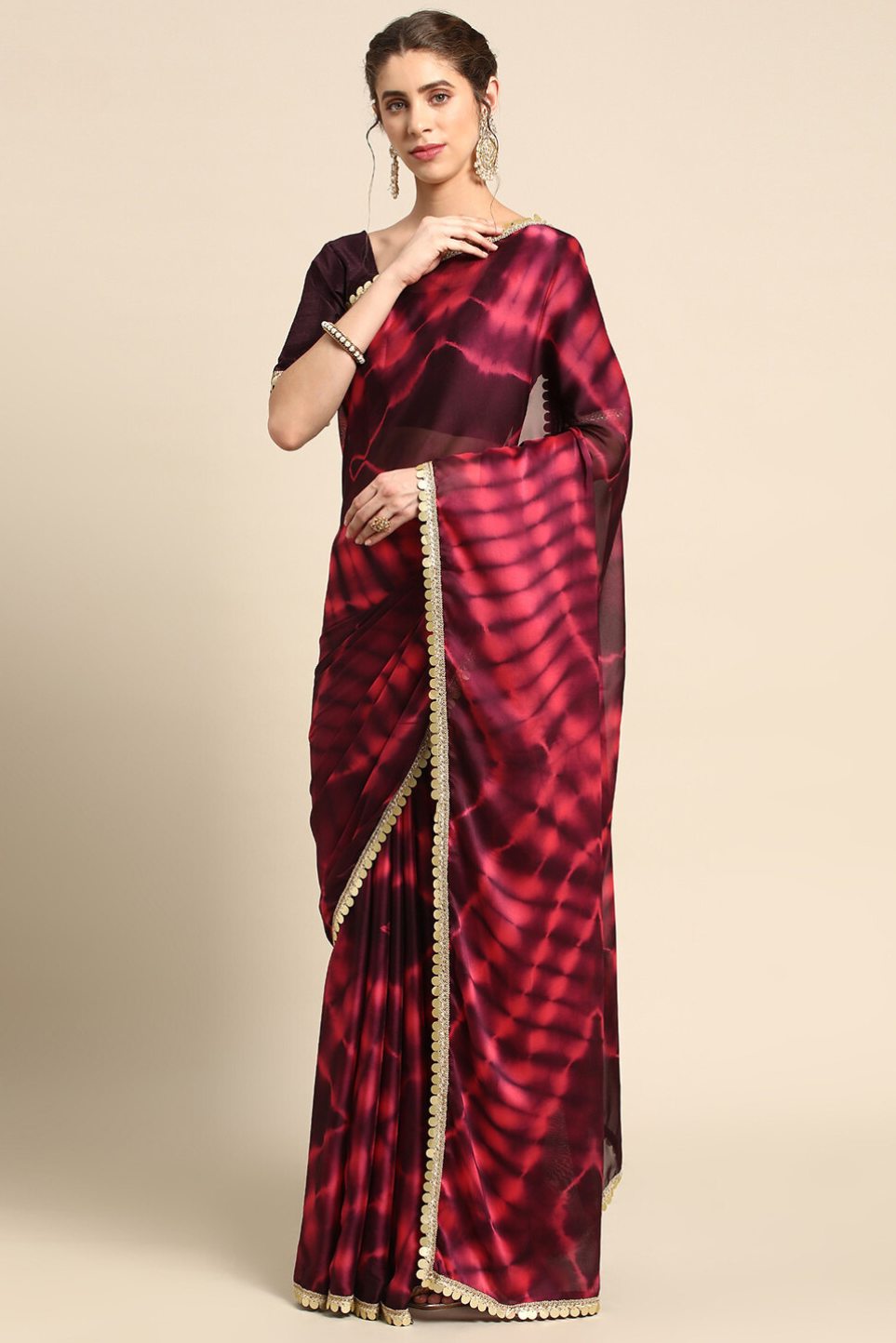 Roof Terracotta Red Satin Partywear Saree