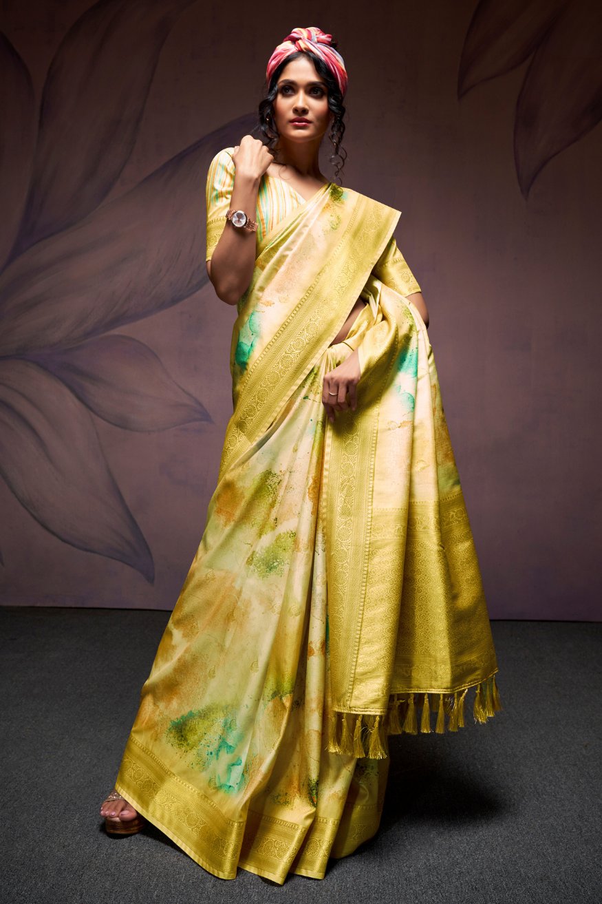 Tacha Yellow Banarasi Digital Printed Silk Saree