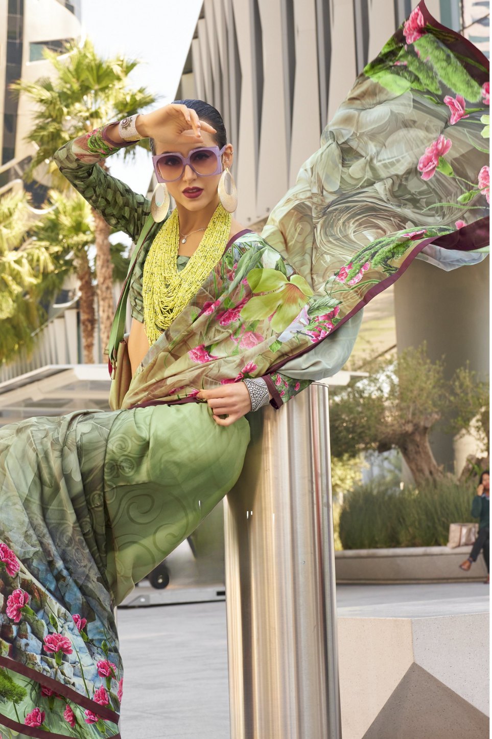 Olive Green and Yellow Digital Printed Satin Silk Saree