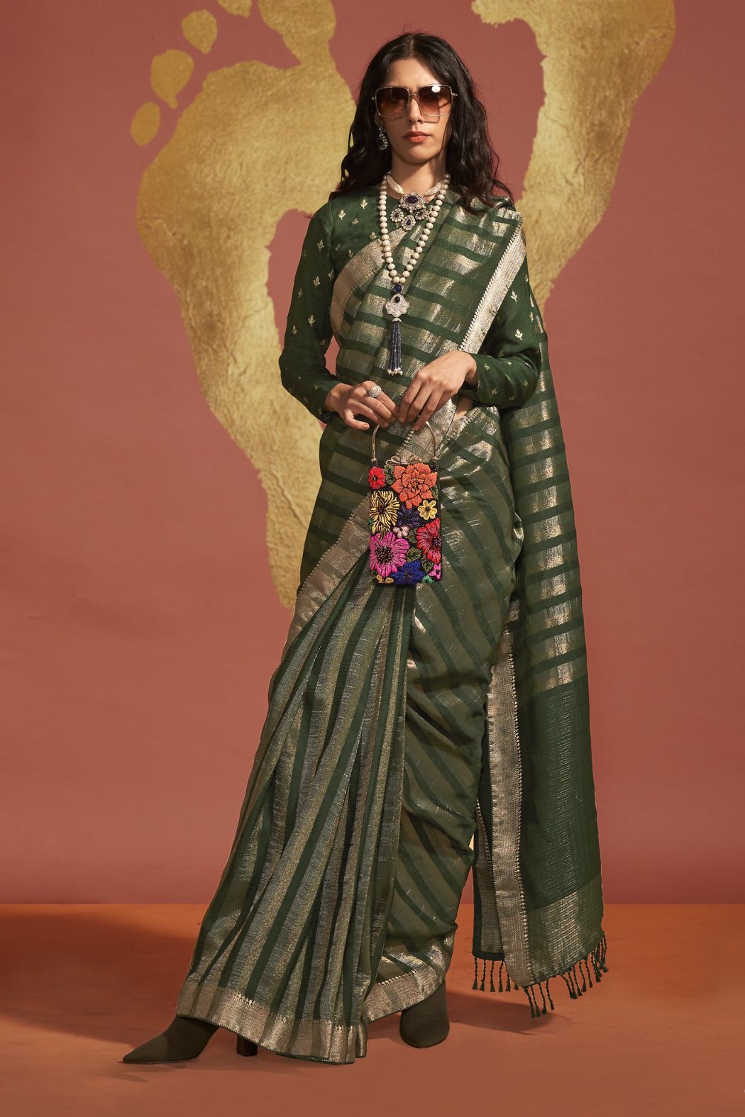 British Racing Green Banarasi Handloom Silk Saree