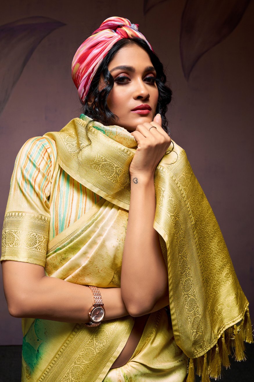 Tacha Yellow Banarasi Digital Printed Silk Saree