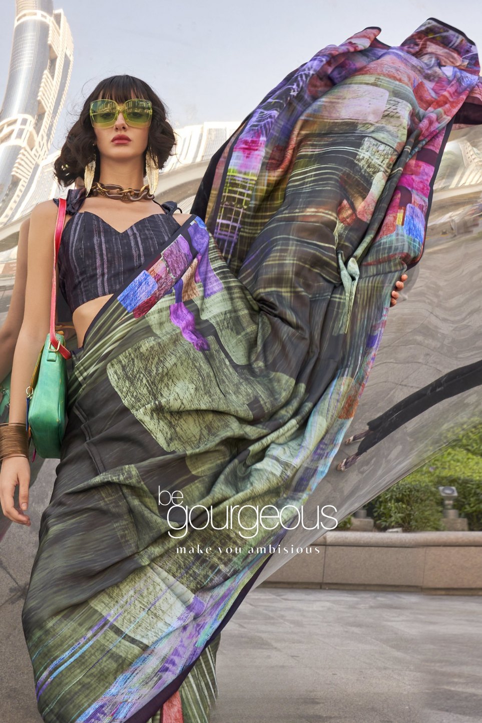 Soya Bean Green Digital Printed Satin Silk Saree