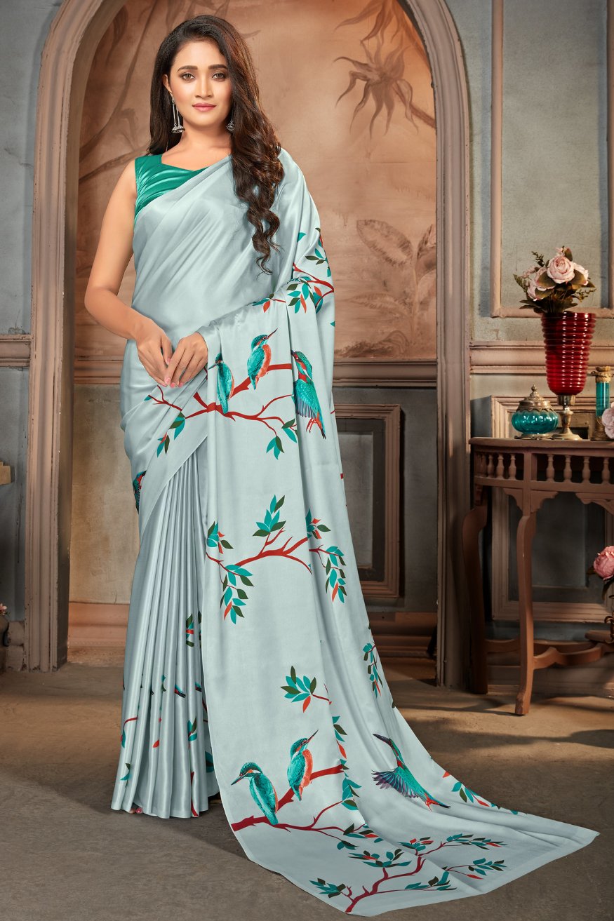 Granny Smith Grey and Blue Printed Satin Crepe Saree