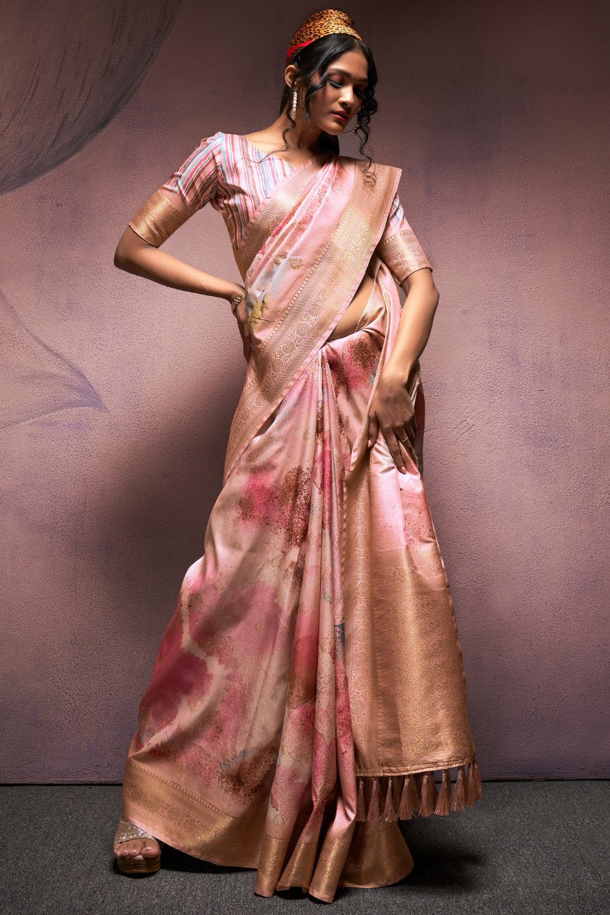 Petite Orchid Peach Banarasi Digital Printed Silk Saree