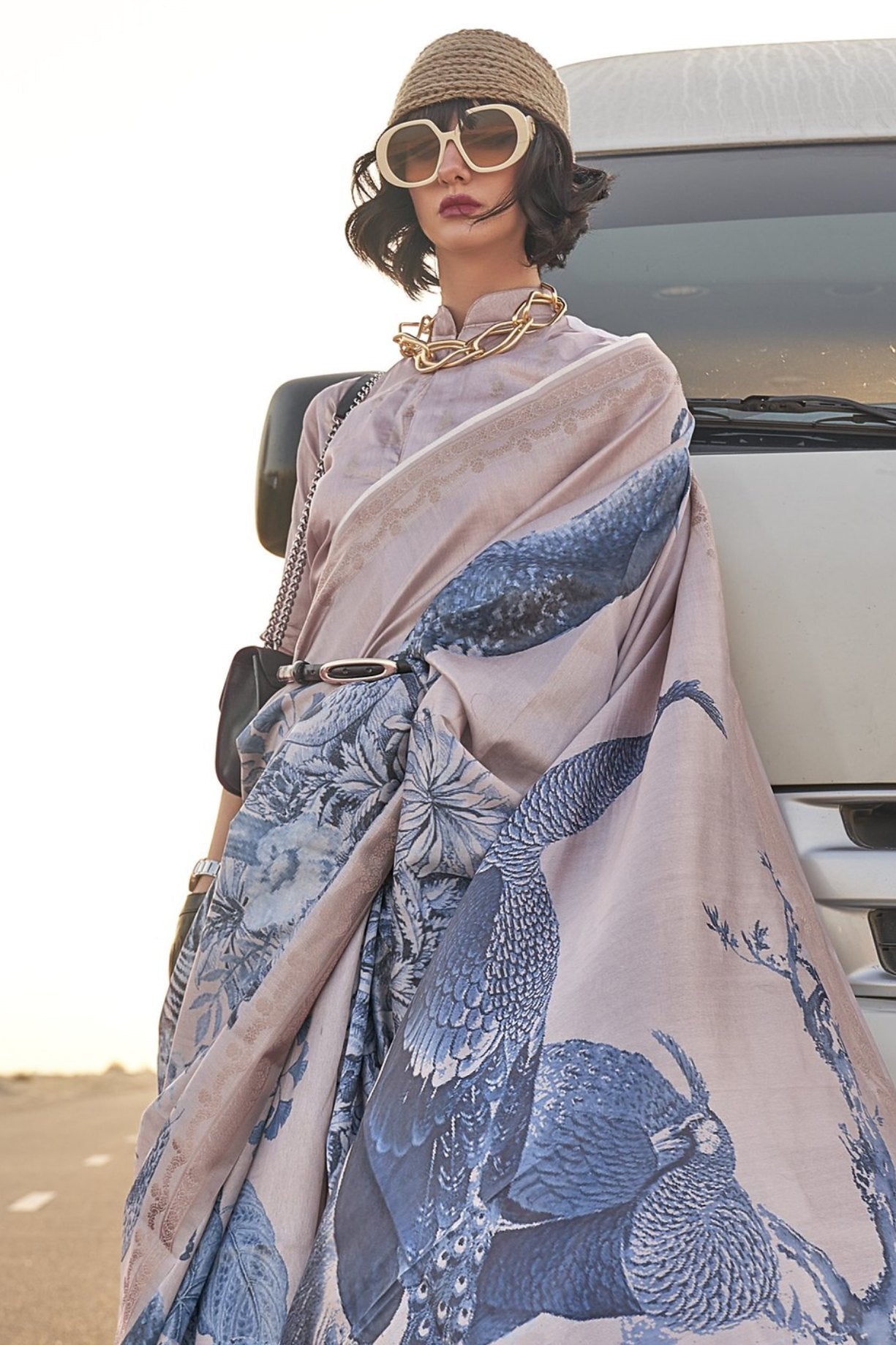 Spun Pearl Grey Printed Tussar Silk Saree