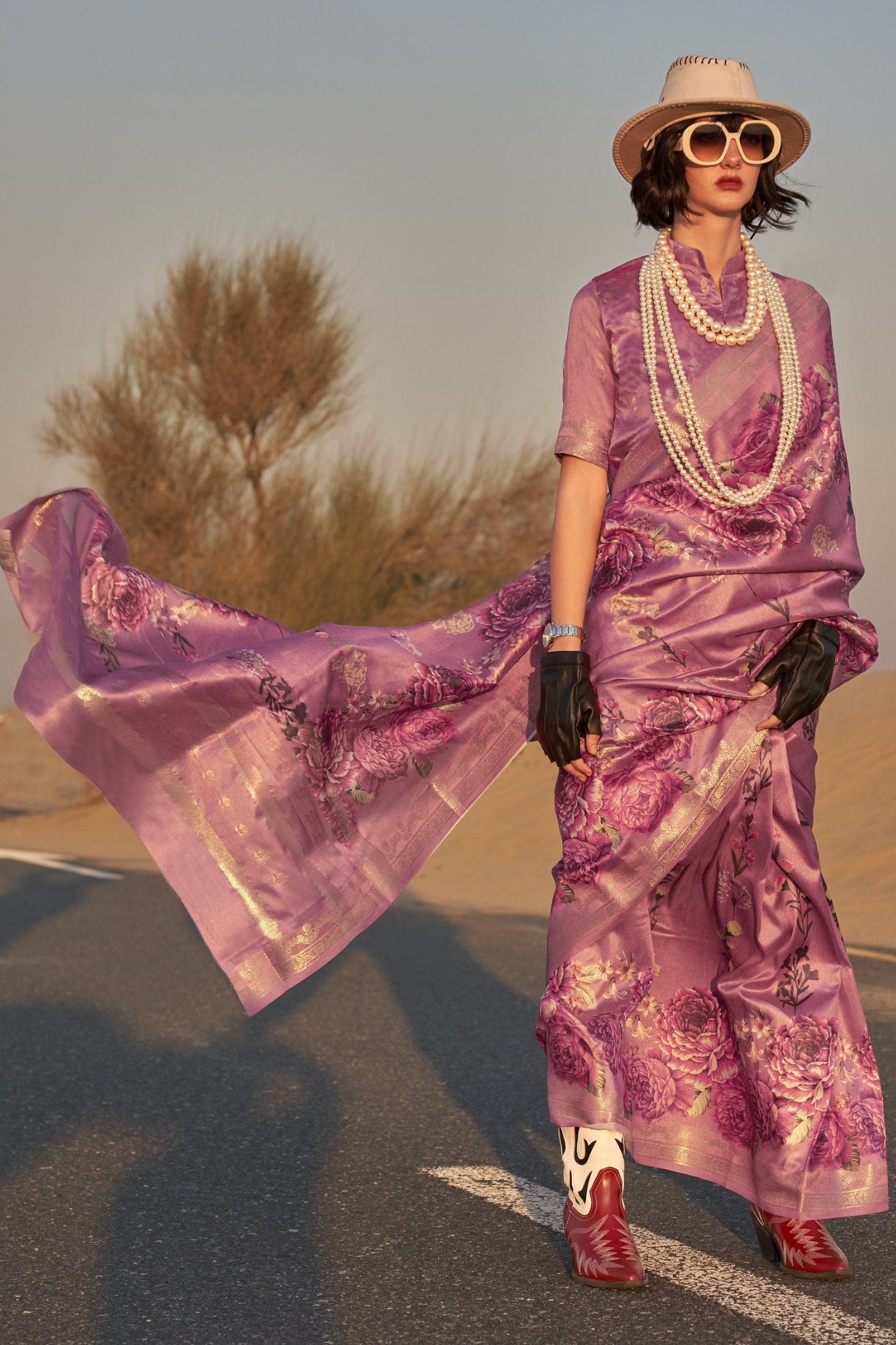 Copper Rust Purple Printed Tussar Silk Saree