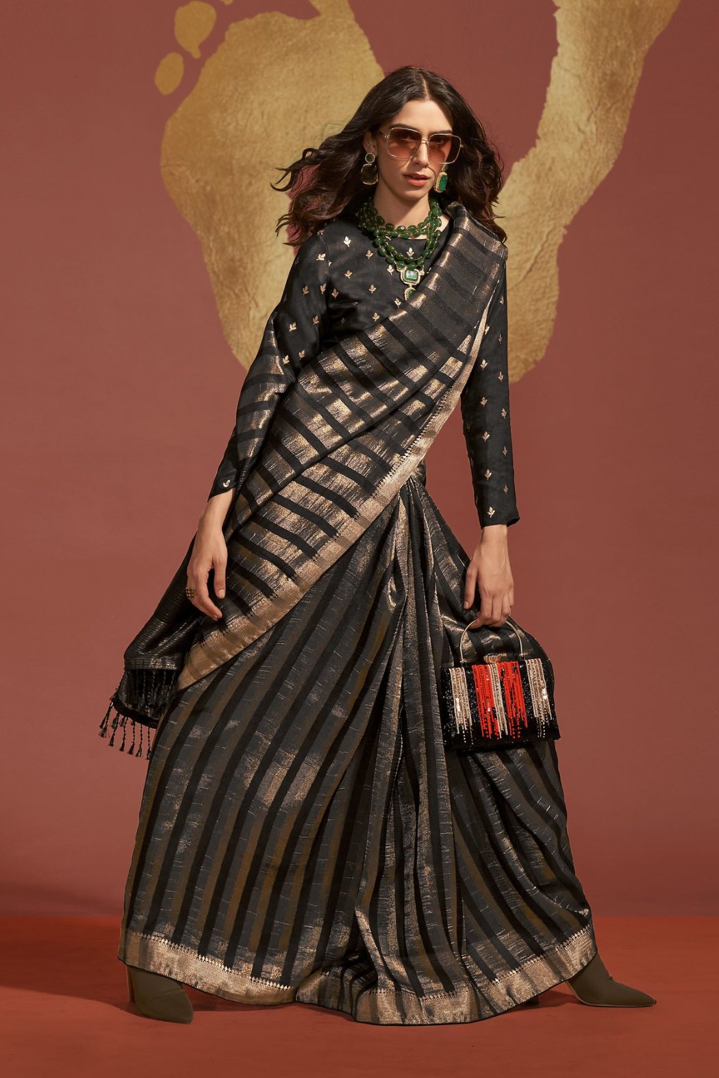 Sonali Kulkarni in Raven Black Banarasi Handloom Silk Saree