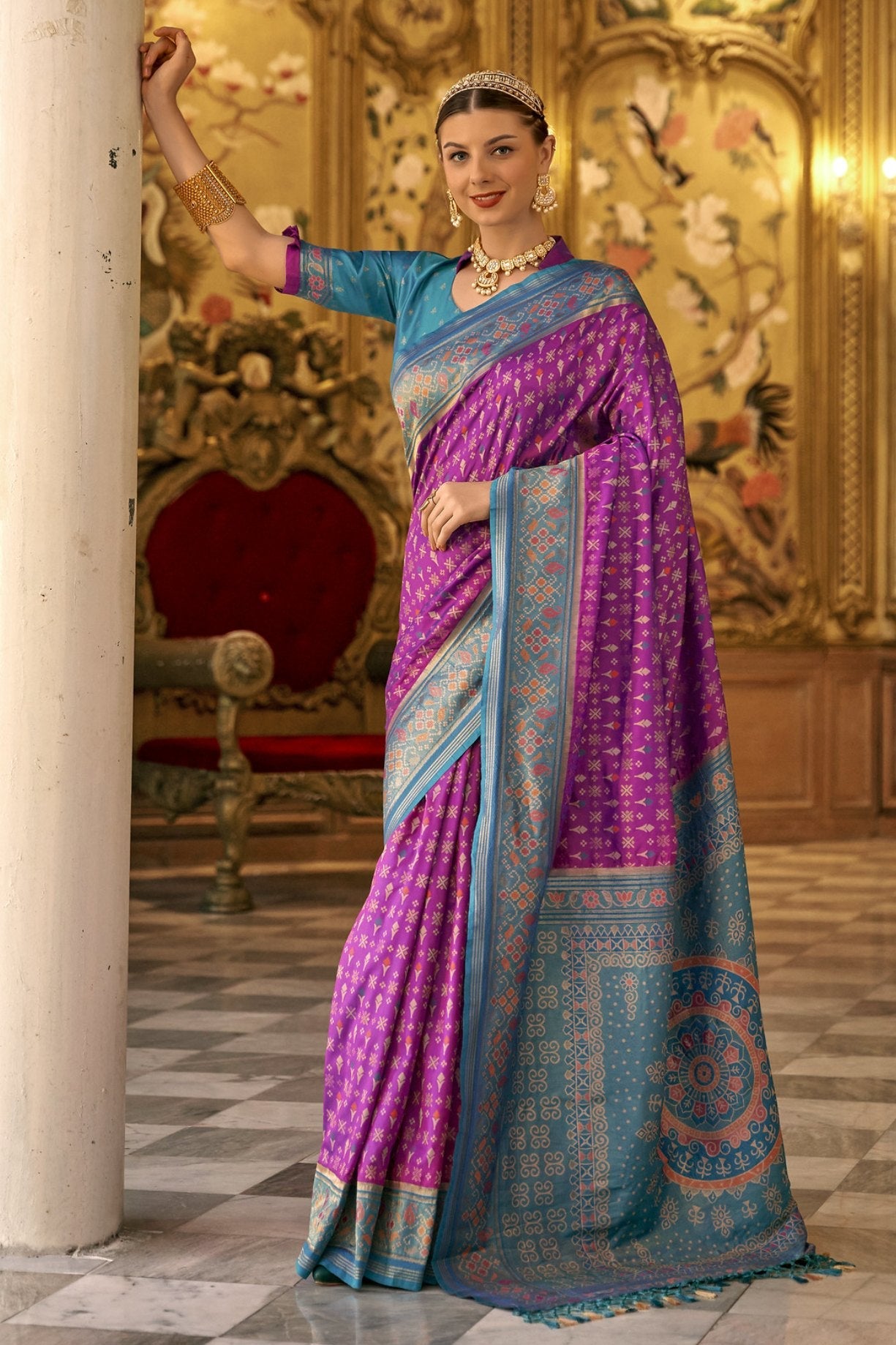 Hopbush Purple Woven Patola Silk Saree