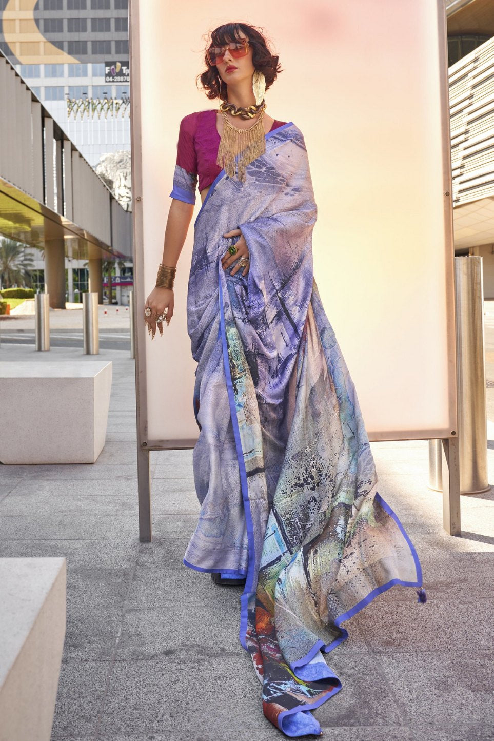 Victoria Blue Digital Printed Satin Silk Saree